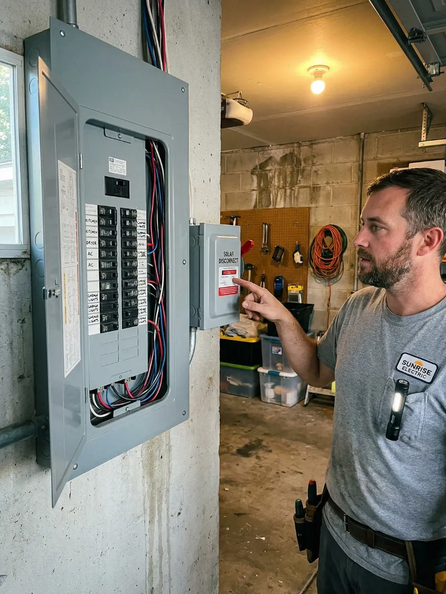 A licensed electrician pointing at a new solar disconnect switch 
         next to an open home electrical panel — illustrating hidden solar 
         installation upgrade costs.