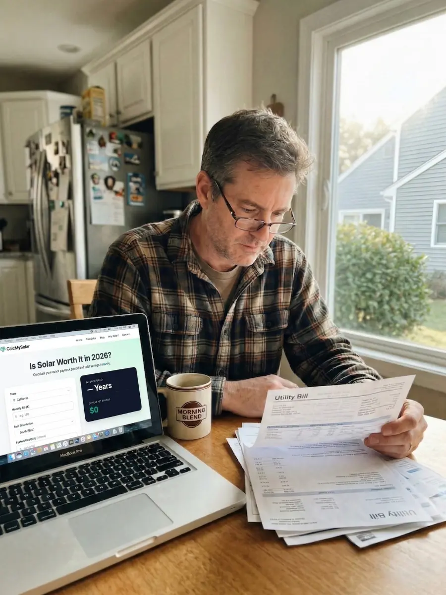 Homeowner reviewing utility bills and calculating solar savings before paying cash for a system in 2026