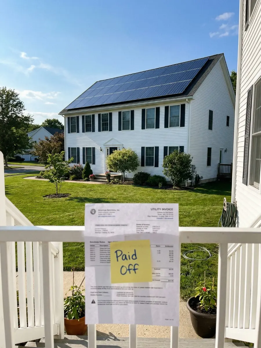 Suburban American home with a full solar panel array and a paid-off invoice, highlighting the financial freedom of a cash purchase