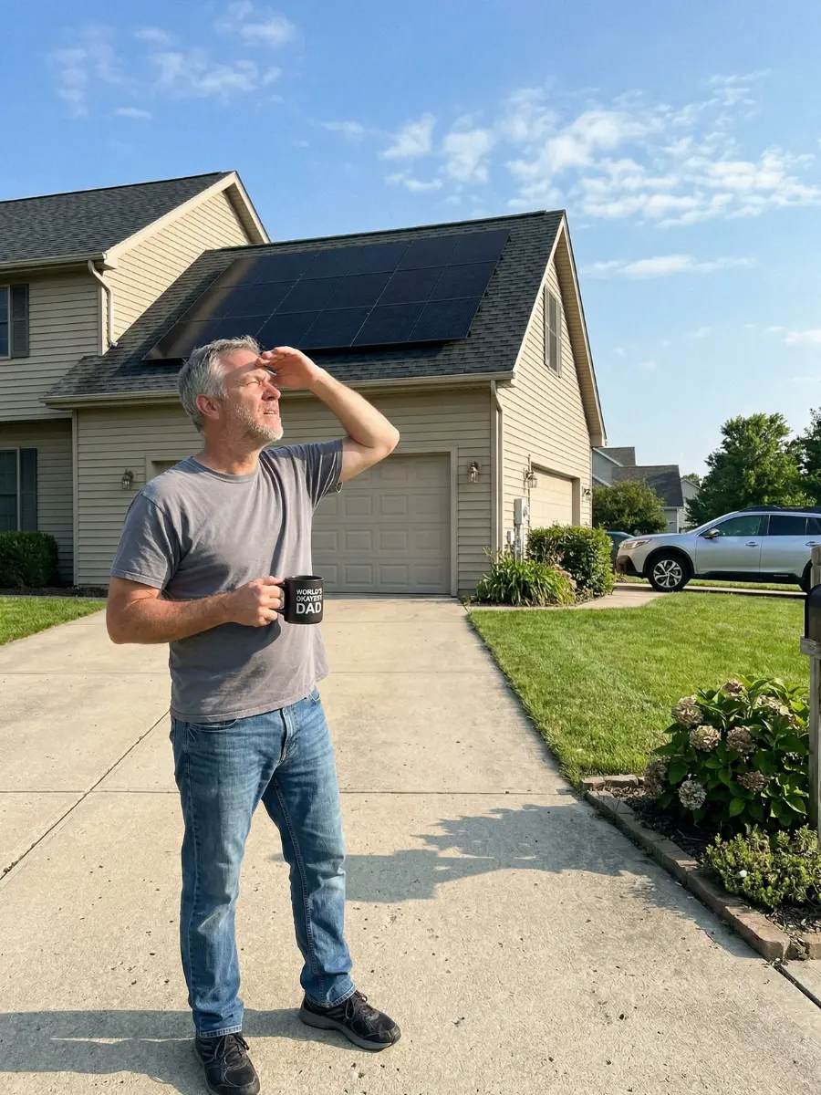 A homeowner standing in his driveway looking up at newly installed solar panels on his suburban home's roof on a sunny morning