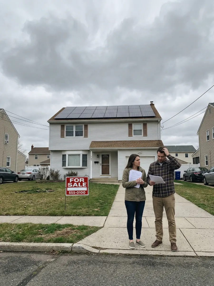 Potential homebuyers reviewing a solar lease transfer contract in front of a house for sale