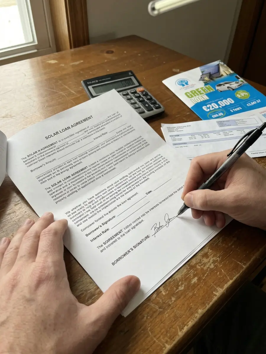 Homeowner signing a printed solar loan agreement at a desk, highlighting the importance of checking for hidden dealer fees in 2026