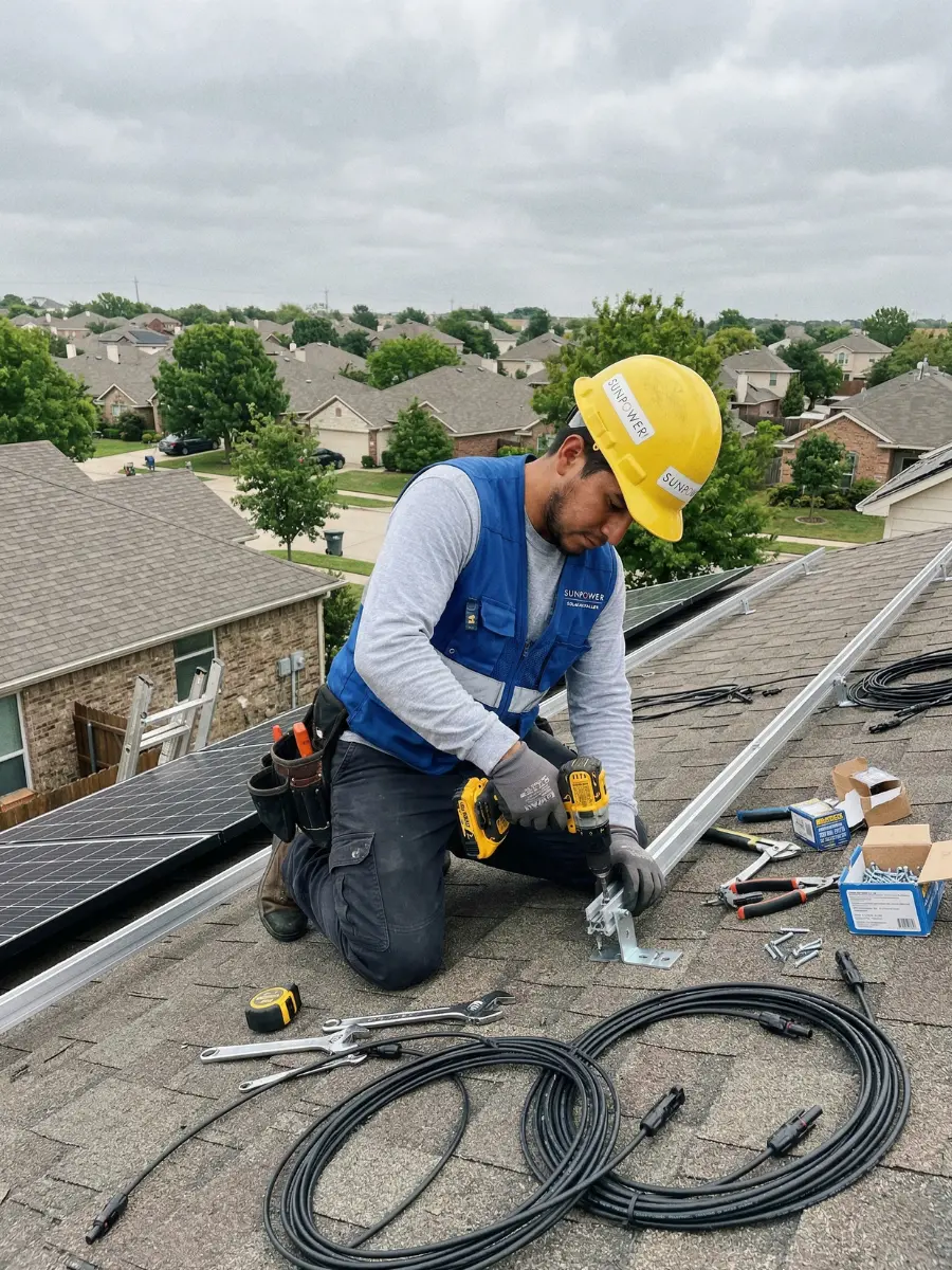 Solar panel installer tightening mounting rail bracket on residential rooftop — labor cost accounts for 20% of total solar installation cost in 2026.