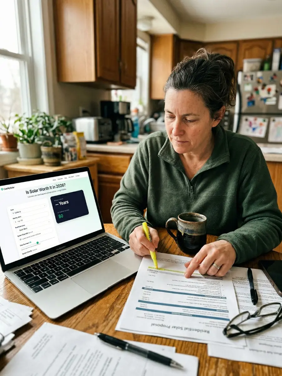 A homeowner reviewing a solar installation quote at her kitchen table with a laptop open to a solar calculator